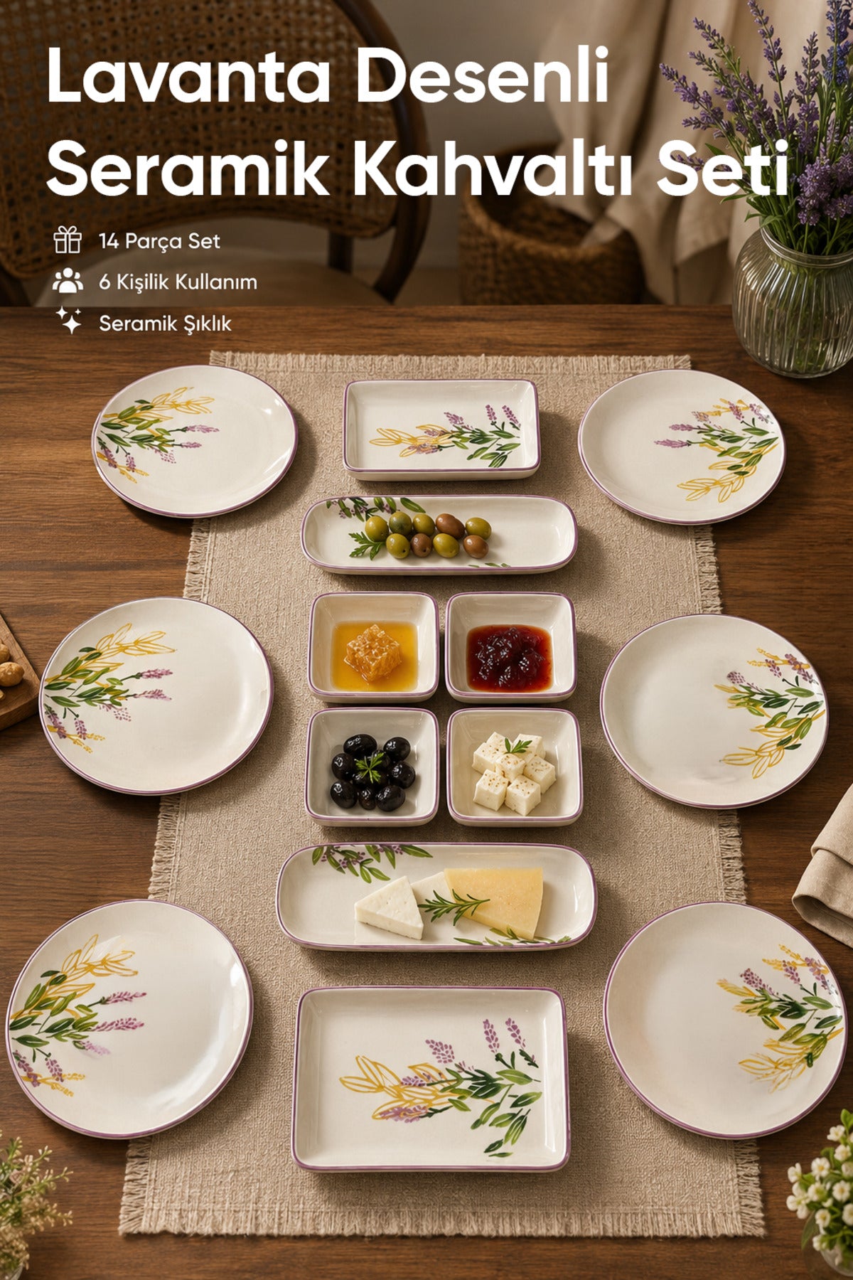 Service Petit-Déjeuner en Céramique 14 Pièces pour 6 Personnes Motif Lavande