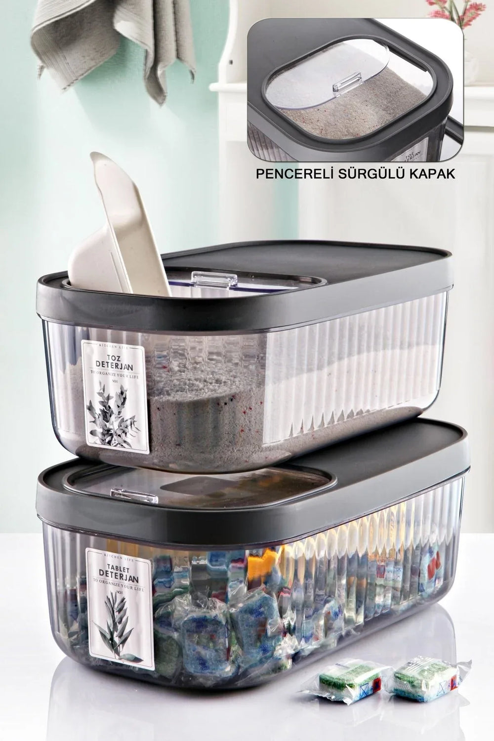 Set de 2 contenants de rangement 5 L avec couvercle coulissant et étiquettes