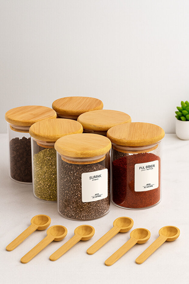 Pots à épices en verre avec cuillères en bambou pour dosage