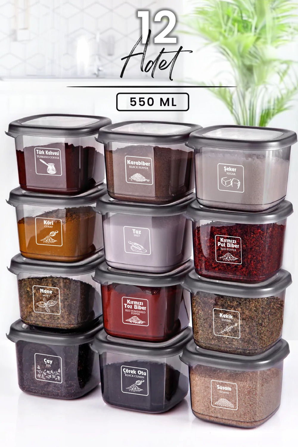 Set de 12 pots à épices anthracite 555 ml avec étiquettes
