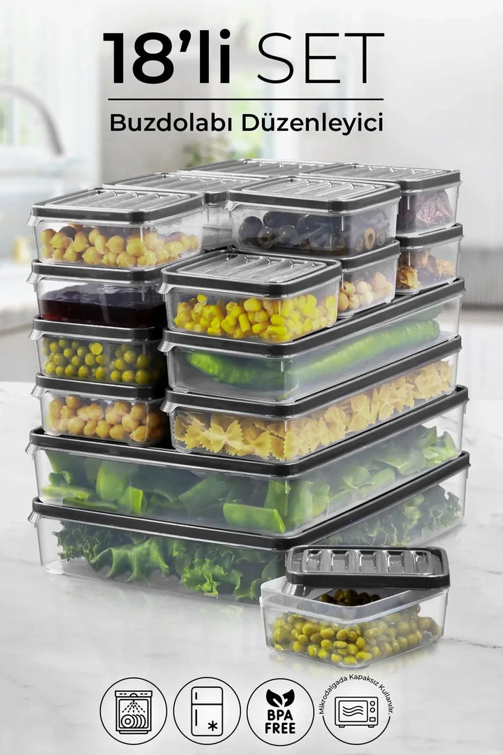 Set de 18 contenants de conservation pour réfrigérateur et micro-ondes – Organisateurs (12 × 250 ml, 4 × 1000 ml, 2 × 2500 ml)