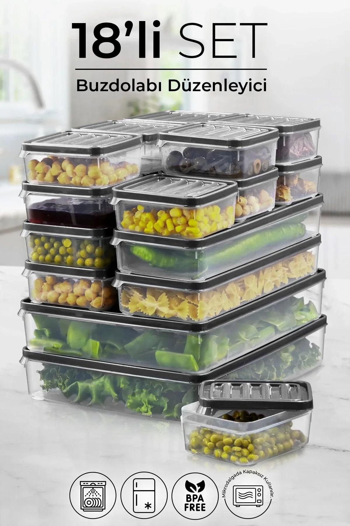 Set de 18 contenants de conservation pour réfrigérateur et micro-ondes – Organisateurs (12 × 250 ml, 4 × 1000 ml, 2 × 2500 ml) - Justyol