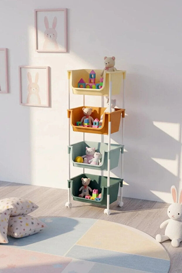 Étagère de Rangement 4 Niveaux à Roulettes