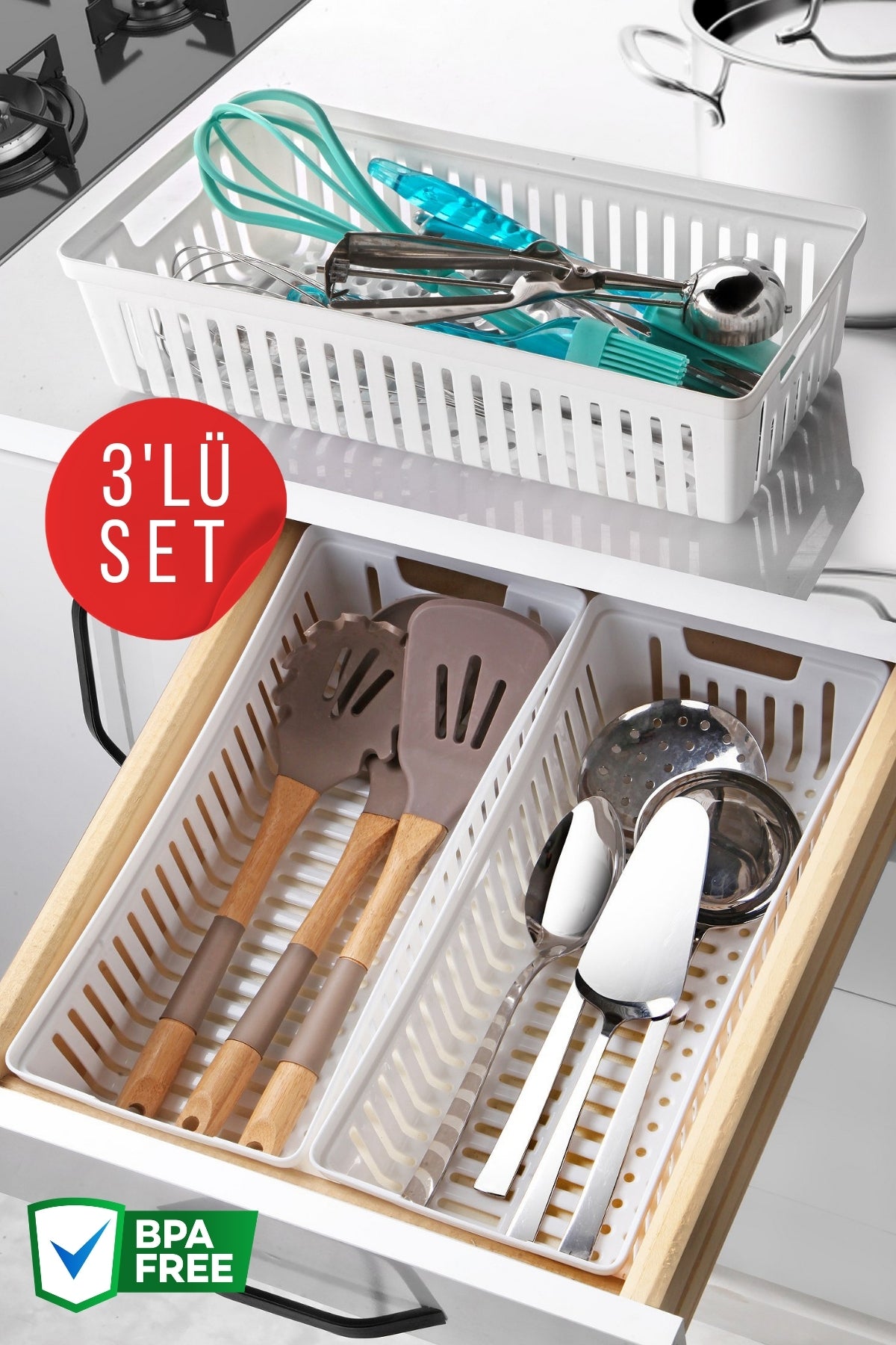 Set de 3 organisateurs de tiroir blancs pour couverts et ustensiles