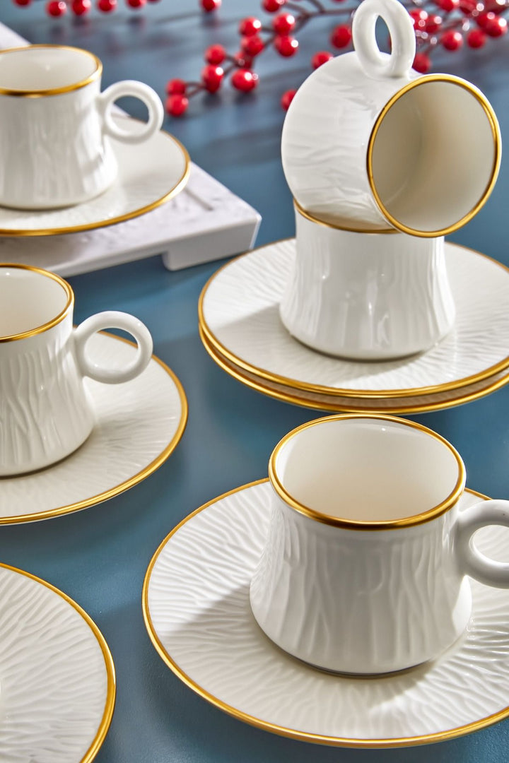 Service tasses à café en porcelaine 6 personnes 12 pièces – Design ondulé avec finition dorée élégante