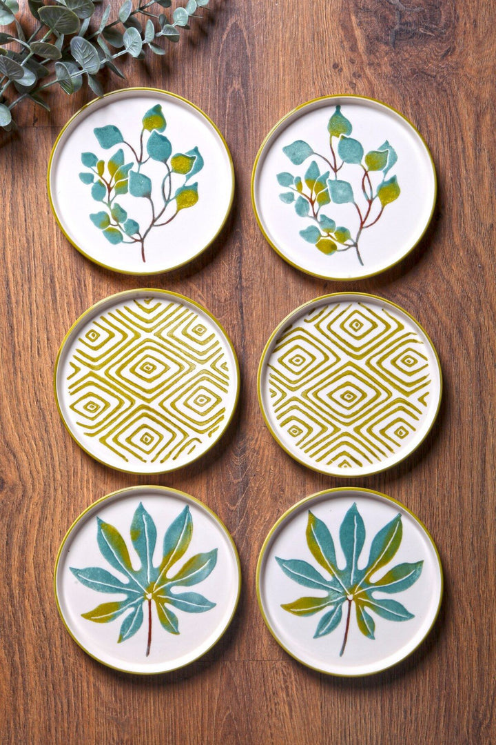 Set de 6 assiettes à dessert empilables 16 cm « Feuilles d’automne » – Design artisanal fait main