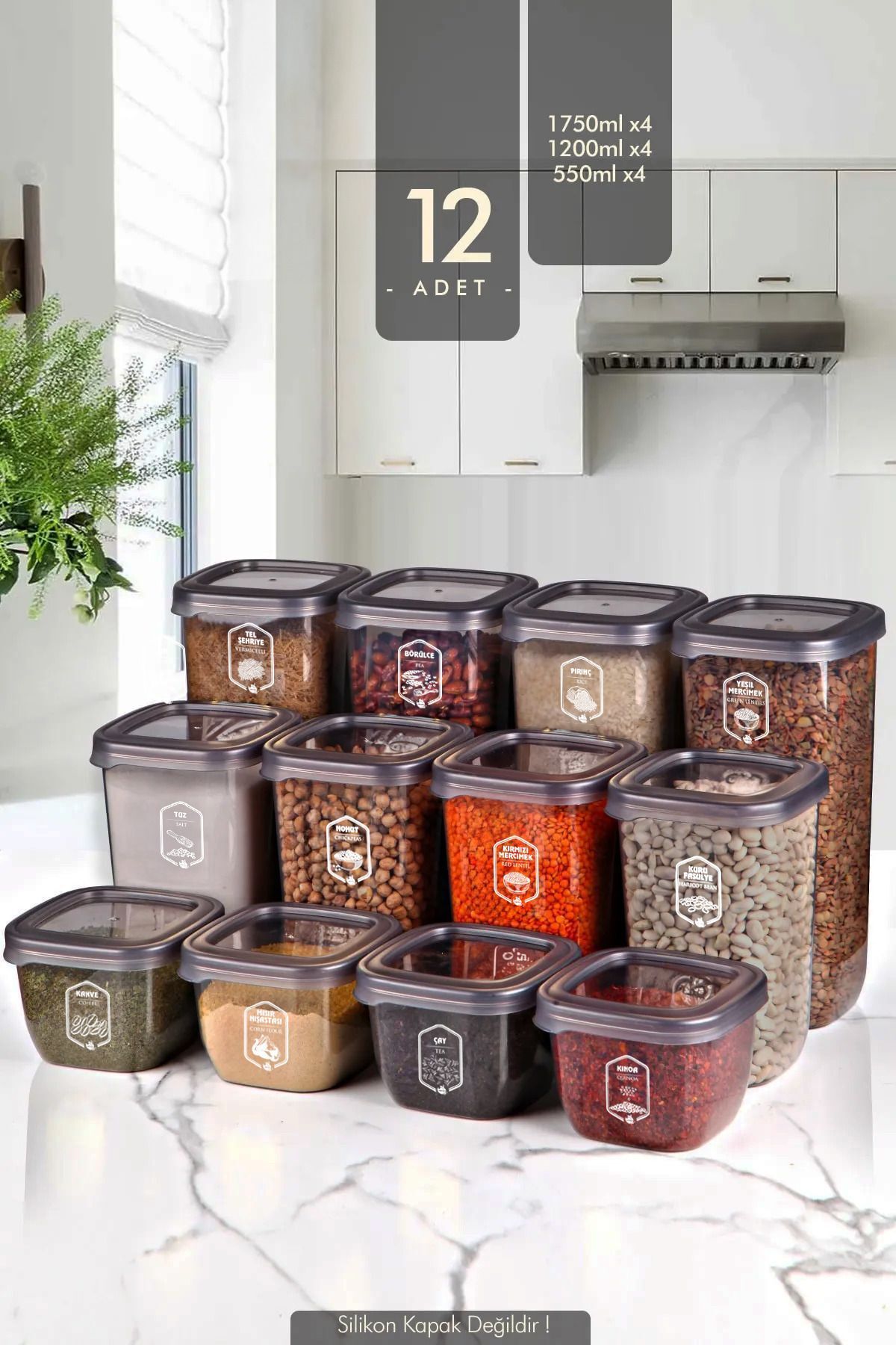 Set de 12 boites carrés pour le stockage des aliments avec étiquettes X4 (550 ml - 1200 ml - 1750 ml) avec couvercles hermétiques - Justyol