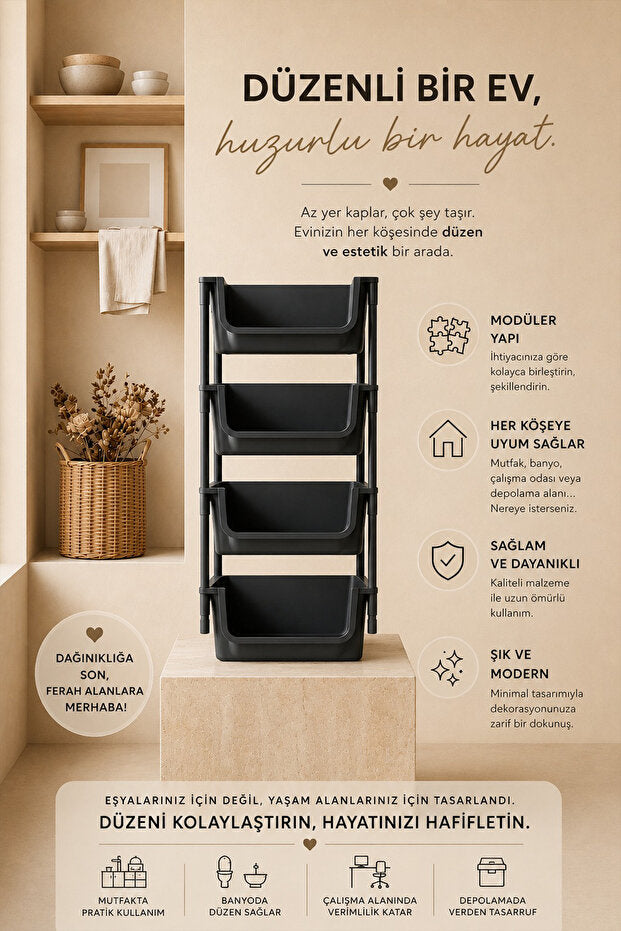Étagère de Rangement 4 Niveaux Multifonction