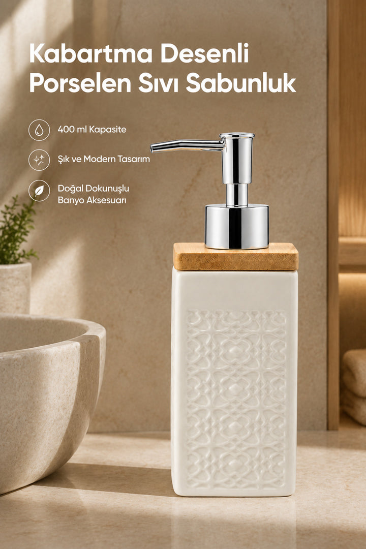 Distributeur de Savon Liquide en Porcelaine 400 ml avec Couvercle en Bambou