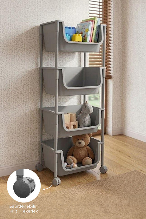 Étagère de Rangement 4 Niveaux à Roulettes
