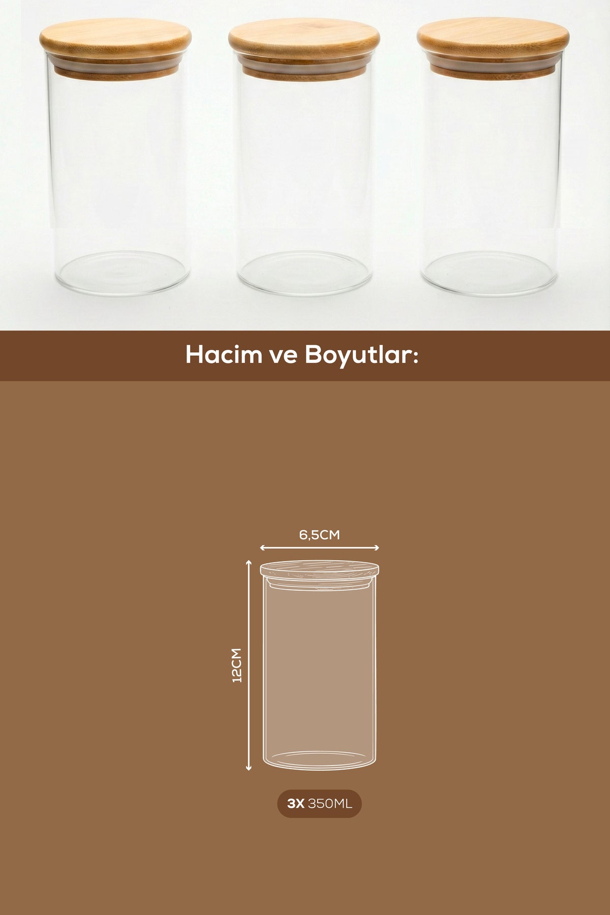 Trois bocaux en verre 350 ml avec couvercles en bambou naturel