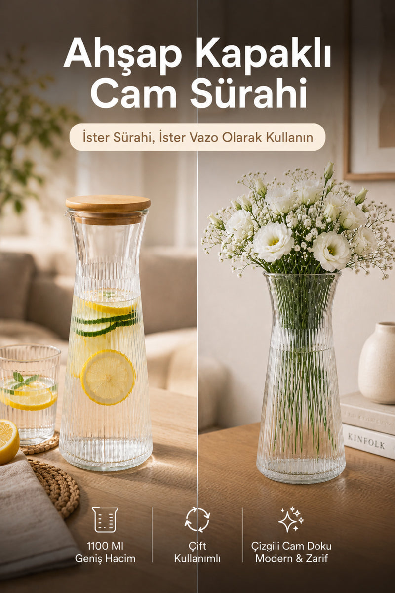 Carafe en Verre 1100 ml avec Couvercle en Bois – Pichet & Vase Multifonction