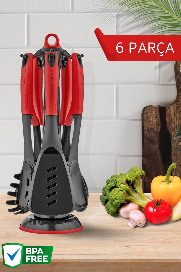 Set de 6 Ustensiles de Cuisine Résistants à la Chaleur avec Support Mural