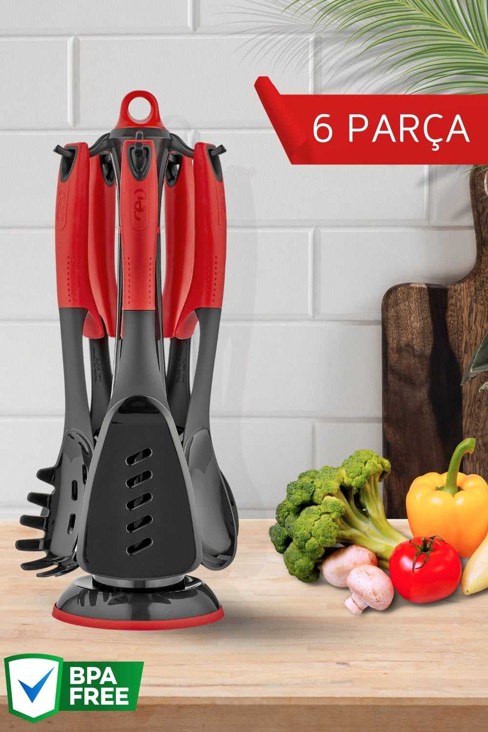 Set de 6 Ustensiles de Cuisine Résistants à la Chaleur avec Support Mural