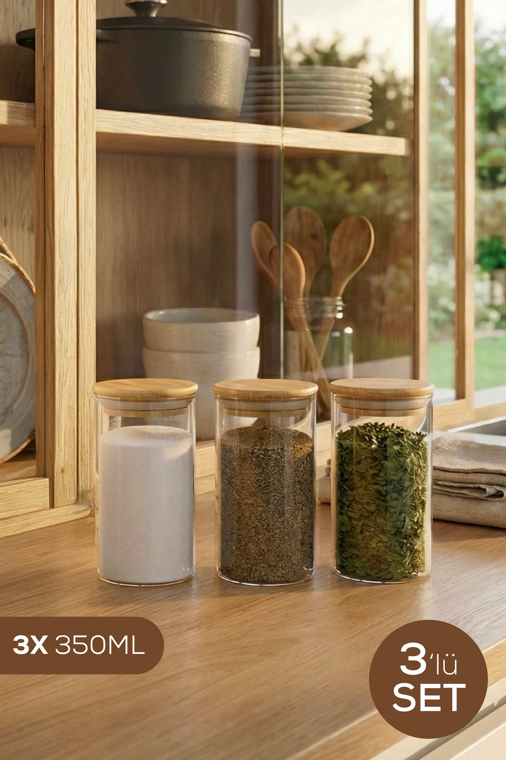 Lot de 3 Bocaux en Verre 350 ml, Couvercle en Bambou Hermétique