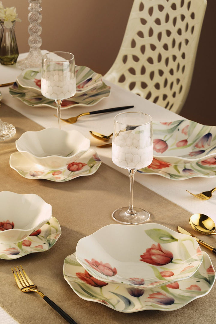Service de table en porcelaine 4 personnes 12 pièces motif floral – assiettes à soupe, plates et de service