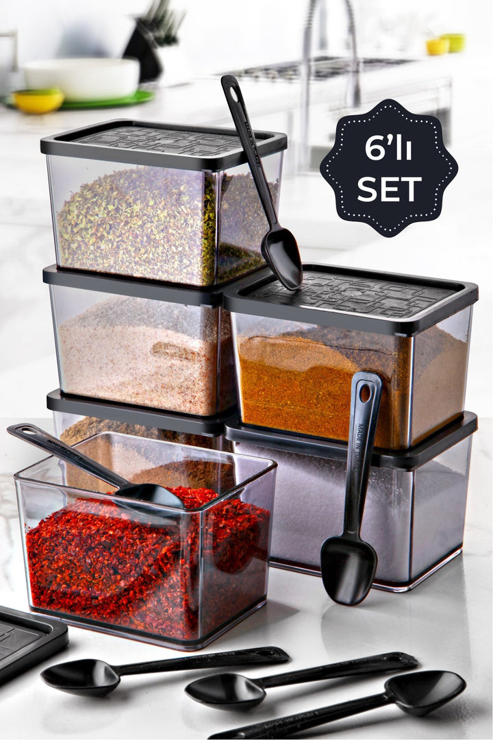 Set de 6 Pots à Épices avec Cuillère en Acrylique Noir – Grand Format 320 ml