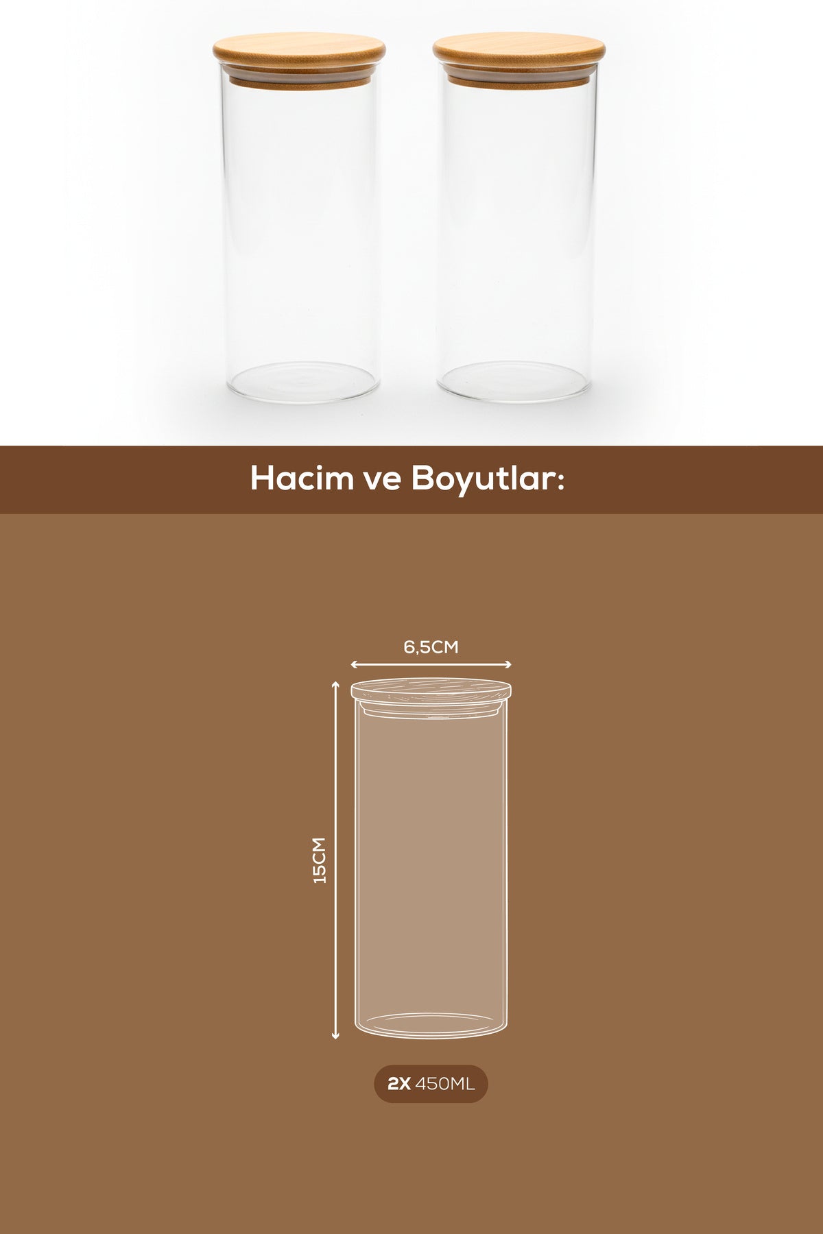 Lot de 2 Bocaux en Verre 450 ml avec Couvercle en Bambou Hermétique
