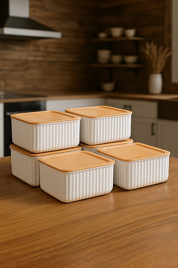 Set Petit-Déjeuner 6 Bols avec Couvercles et Plateau de Service