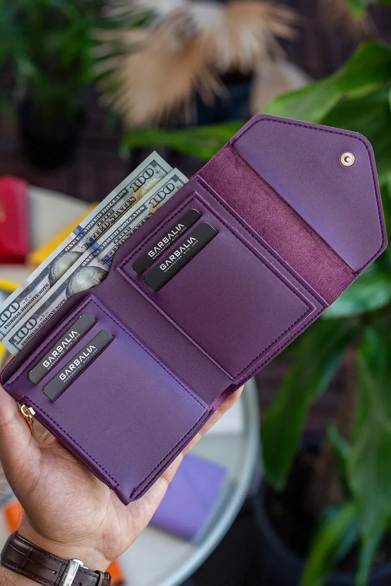 Portefeuille Femme Mini Violet Prune en Cuir Vegan avec Porte-Monnaie et Multi-Compartiments Cartes