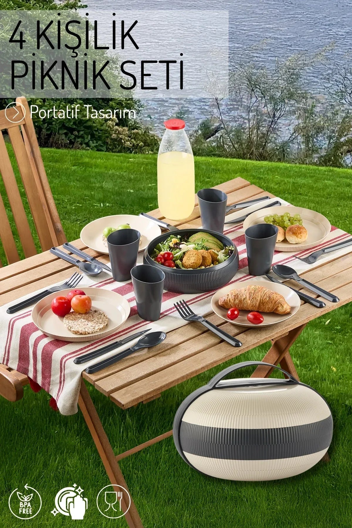 Set de pique-nique rond multifonction portable pour 4 personnes – Design compact et transportable - Justyol