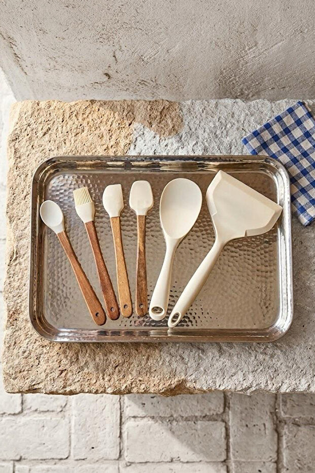 Set de 7 Ustensiles de Cuisine en Silicone avec Manches en Bois