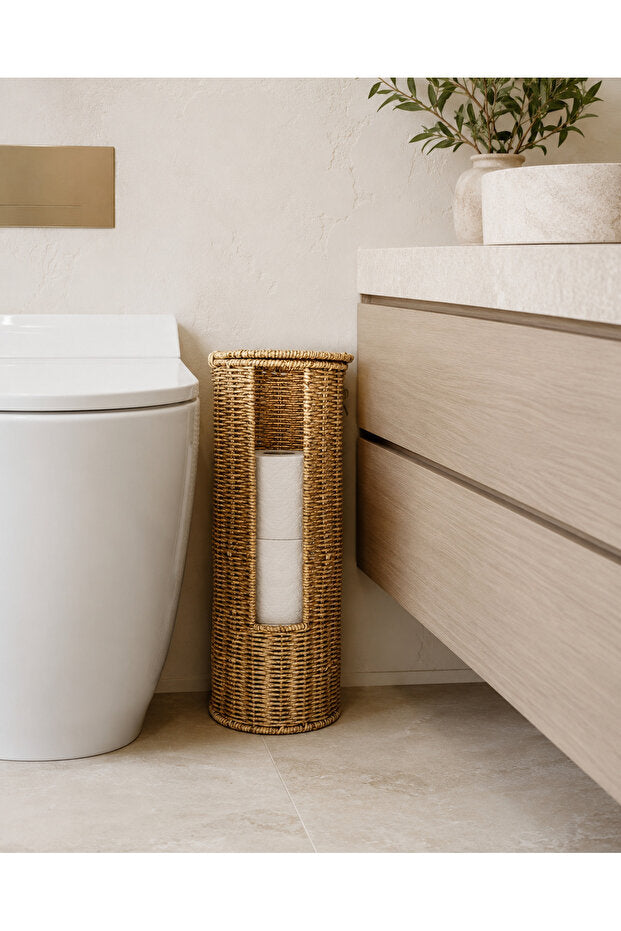 Porte-Papier Toilette avec Réserve et Couvercle Effet Rotin