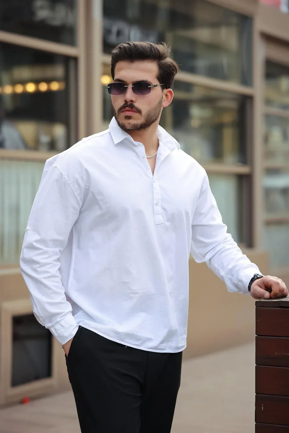 chemise homme col demi‑patte coton long manches - Justyol