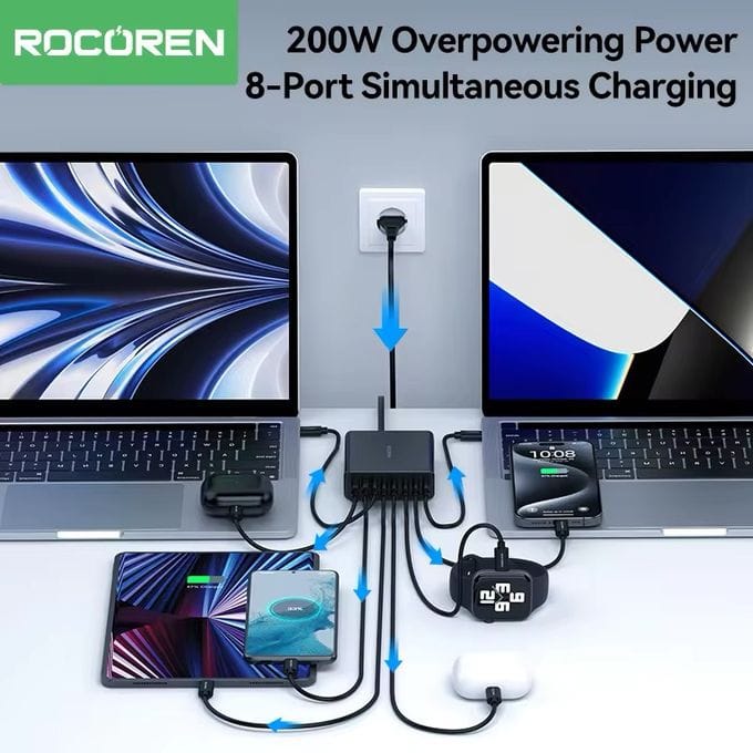 شاحن مكتبي متعدد المنافذ  Rocoren 200 واط – 8 منافذ للشحن السريع 
