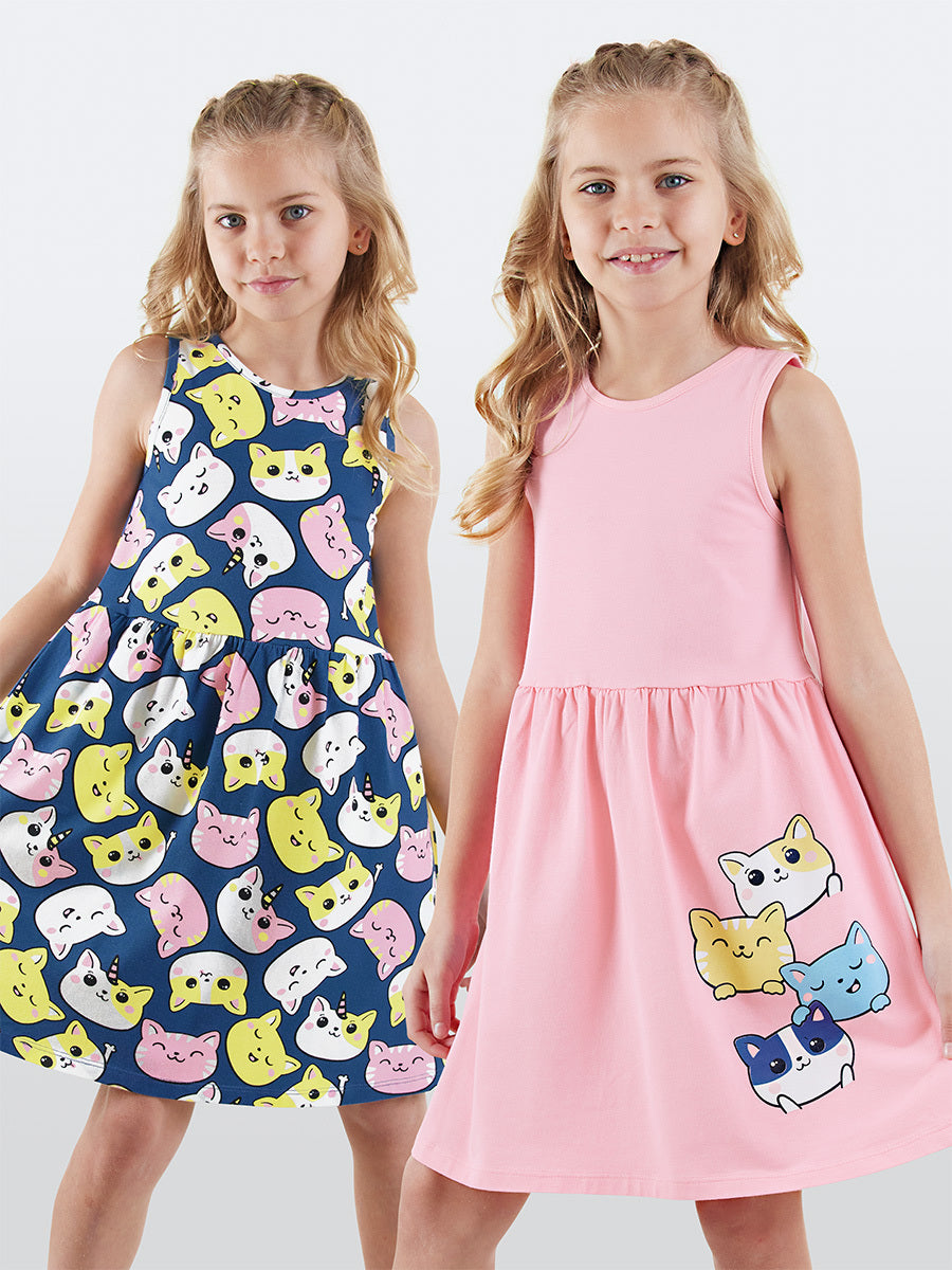 Lot de 2 Robes Fille en Coton avec Imprimé Chat et Détail Volants