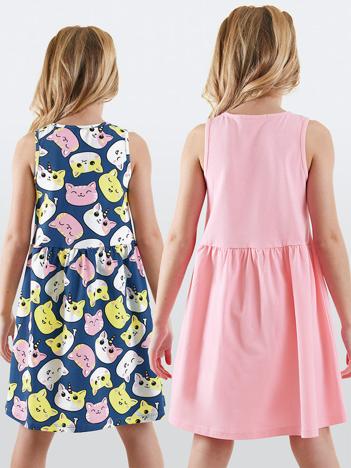Lot de 2 Robes Fille en Coton avec Imprimé Chat et Détail Volants
