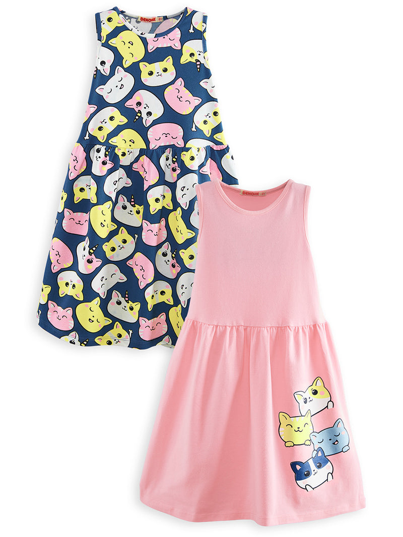 Lot de 2 Robes Fille en Coton avec Imprimé Chat et Détail Volants