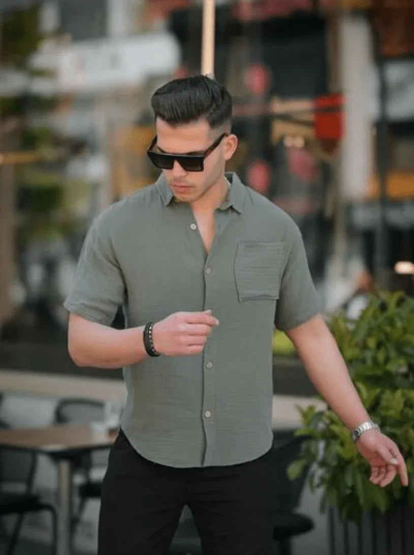 Chemise homme en mousseline rose manches courtes avec poche - Justyol
