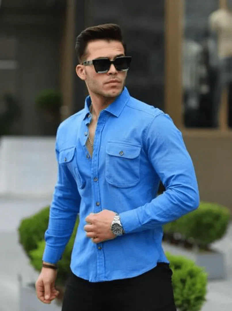 Chemise homme en tissu Şile avec poches utilitaires-31747 - Justyol