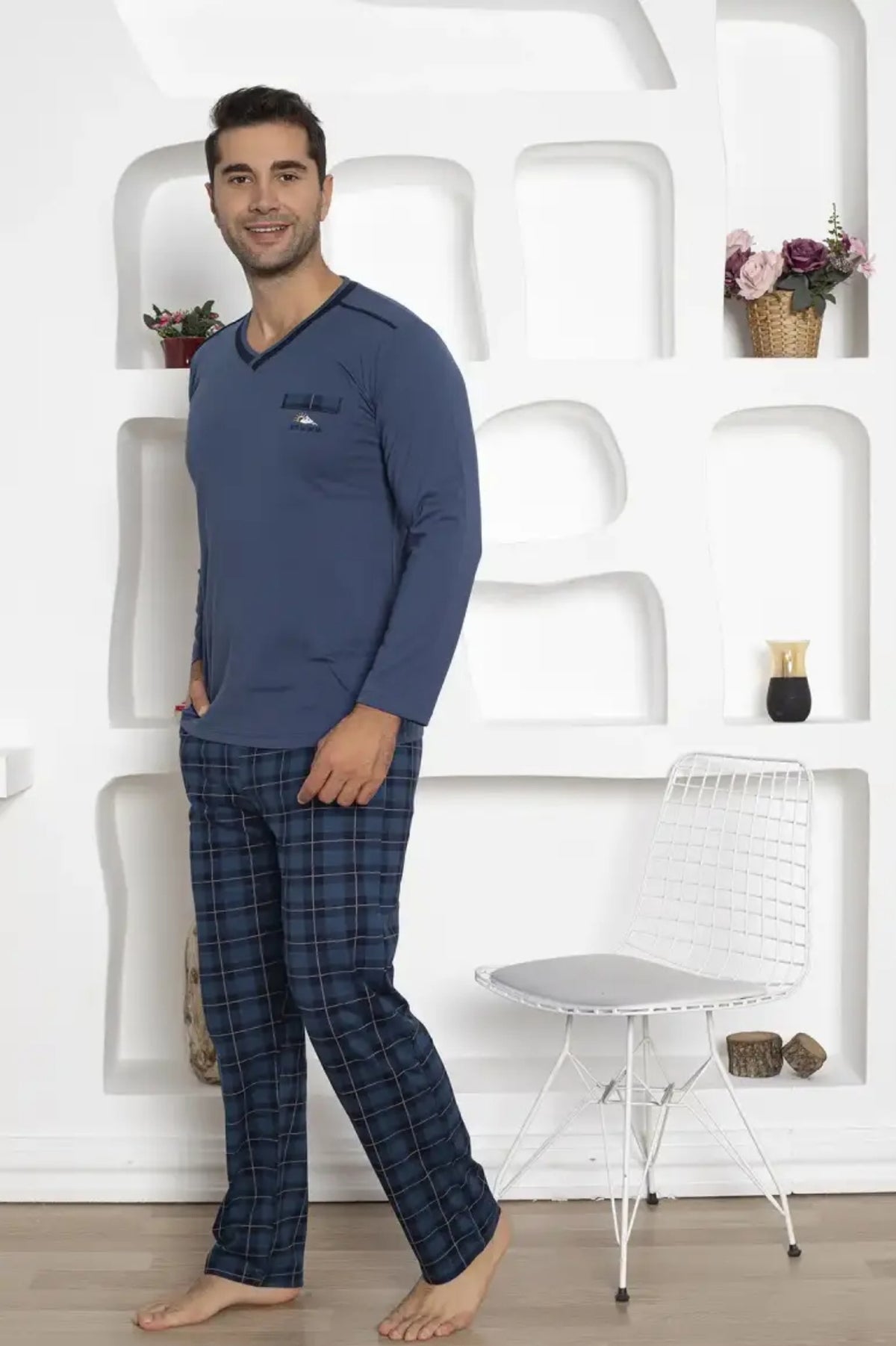 dreamy ekoseli kisa kollu v yaka cepli erkek pijama takimi - Justyol
