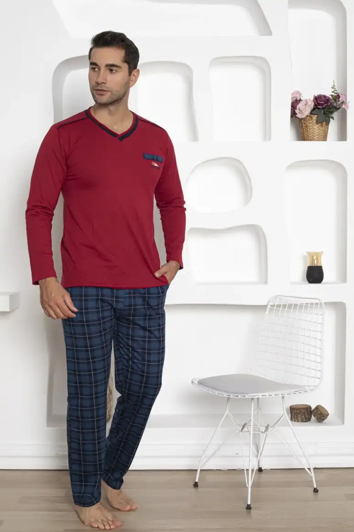 dreamy ekoseli kisa kollu v yaka cepli erkek pijama takimi - Justyol