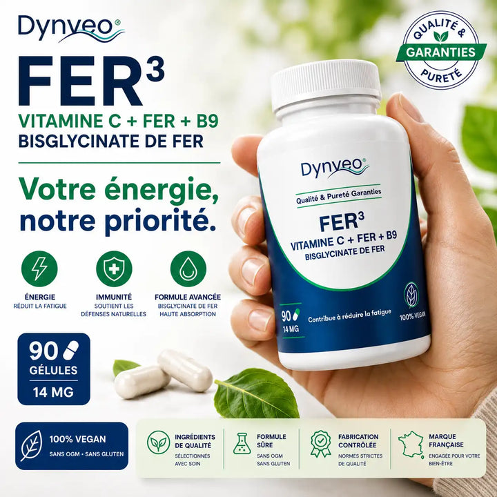 Fer3 – Fer Bisglycinate 14 mg + Vitamine C + B9 – 90 Gélules Vegan