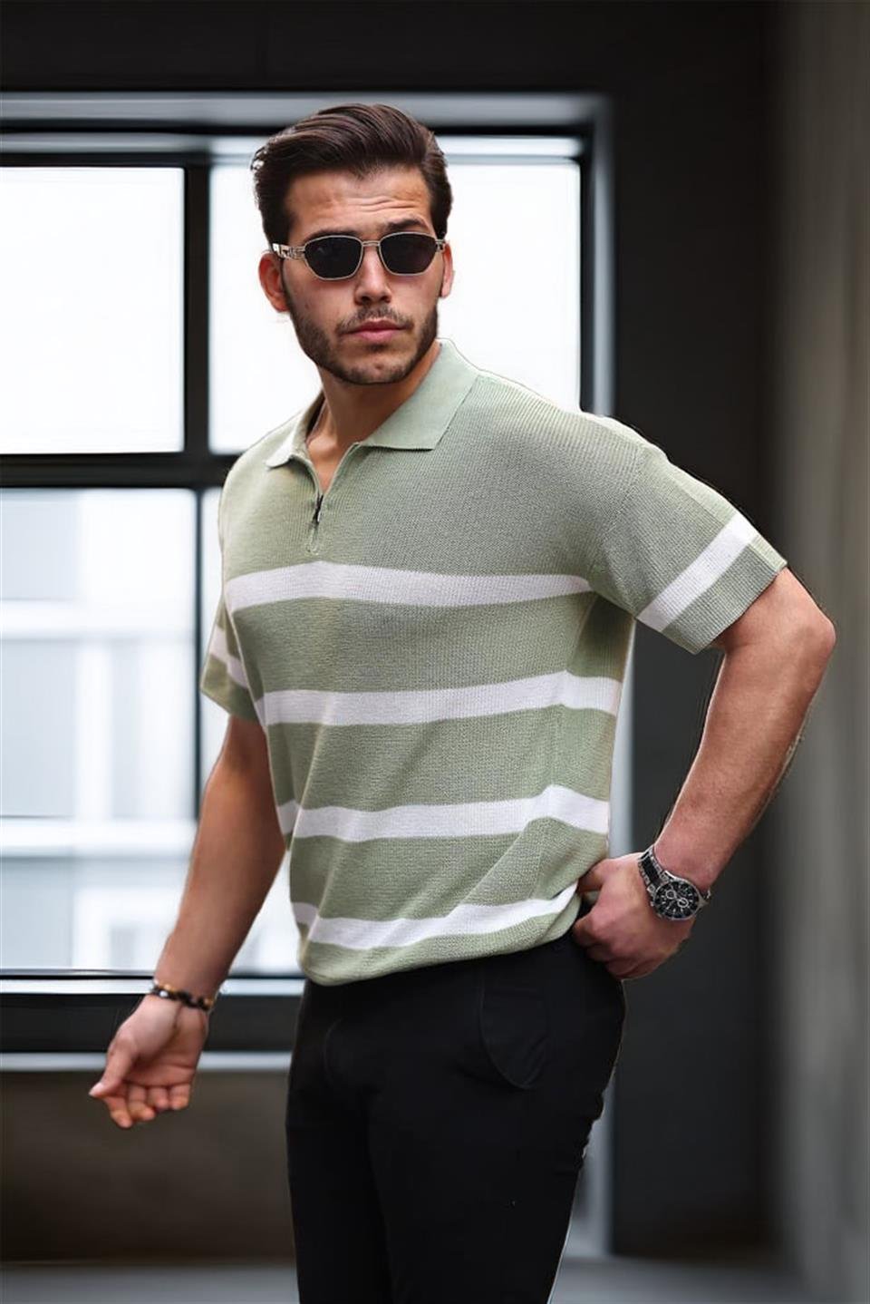 yarim fermuar çizgili oversize triko t-shirt - Justyol