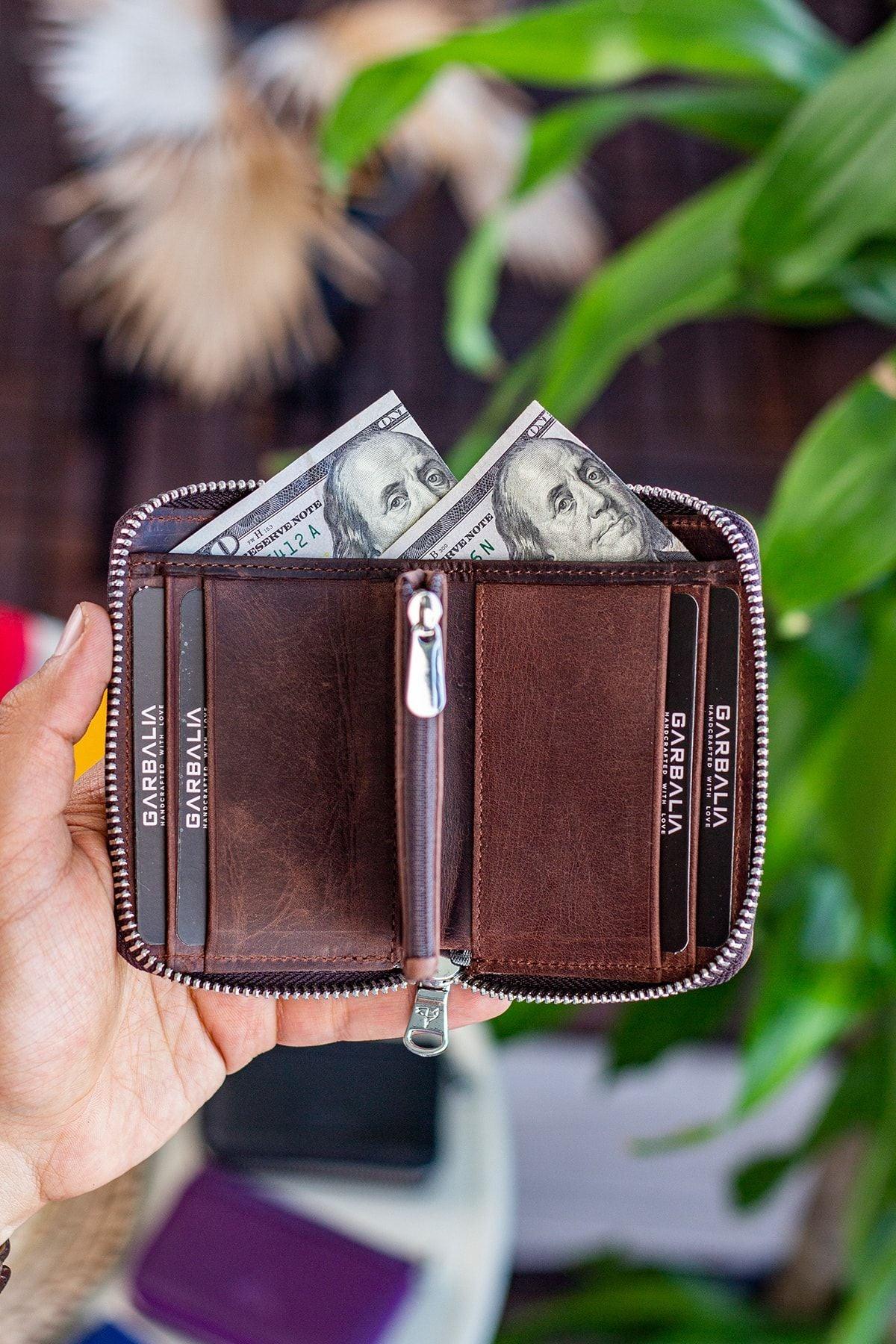 Portefeuille unisexe en cuir véritable Crazy Leather zippé avec porte-monnaie – Taba Sydney - Justyol
