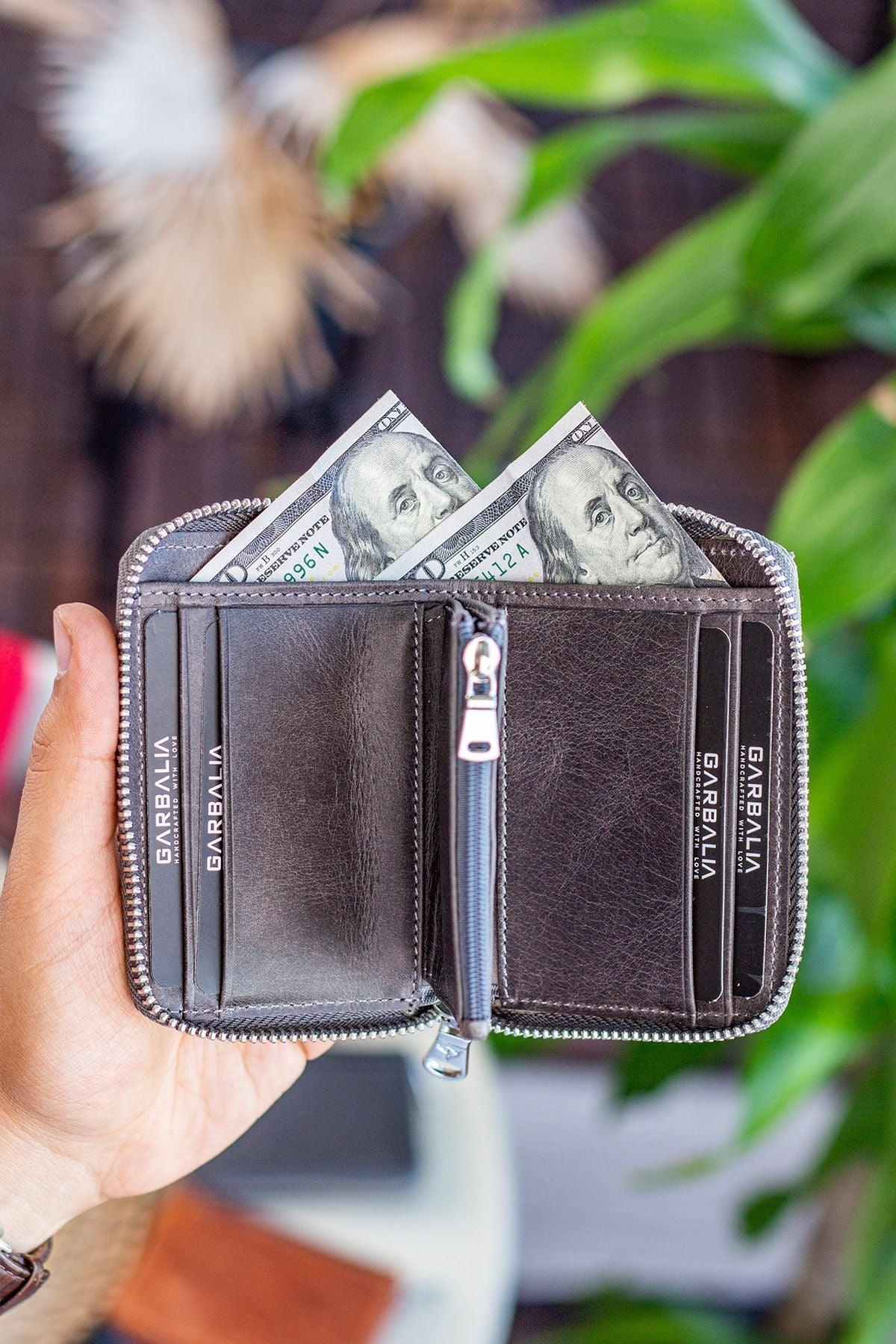 Portefeuille unisexe en cuir véritable Crazy Leather zippé avec porte-monnaie – Taba Sydney - Justyol