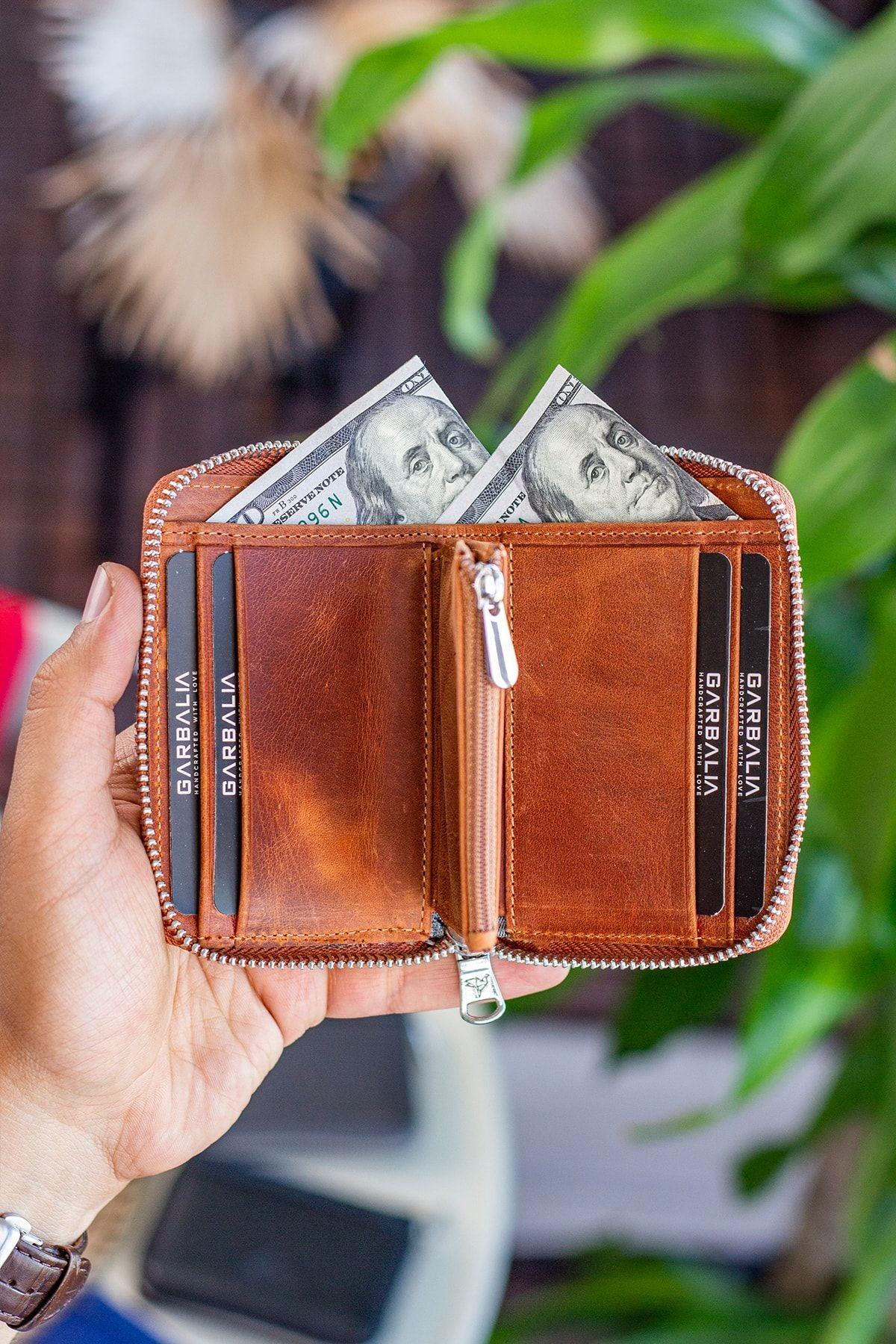 Portefeuille unisexe en cuir véritable Crazy Leather zippé avec porte-monnaie – Taba Sydney - Justyol