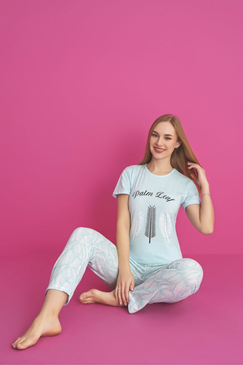 Pyjama femme 100% coton Palm Leaf – Ensemble printemps confortable et respirant