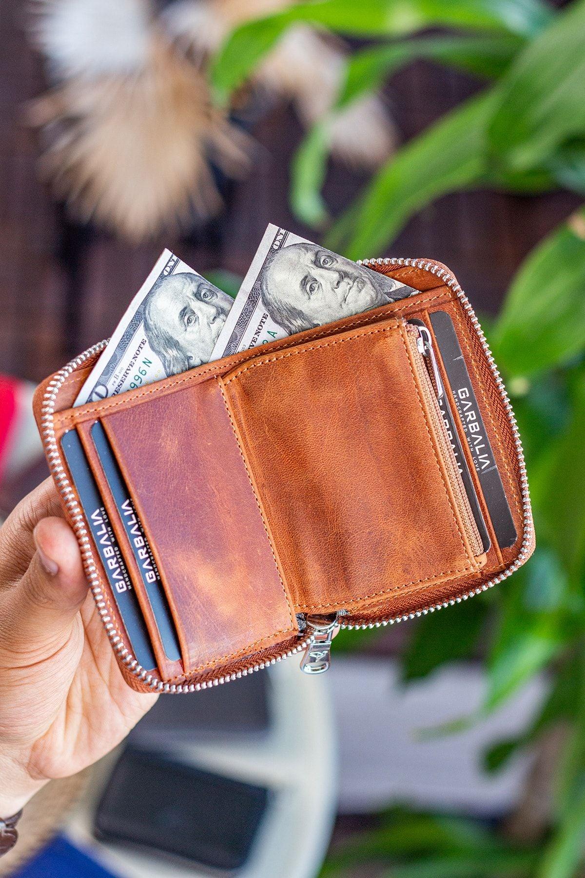 Portefeuille unisexe en cuir véritable Crazy Leather zippé avec porte-monnaie – Taba Sydney - Justyol