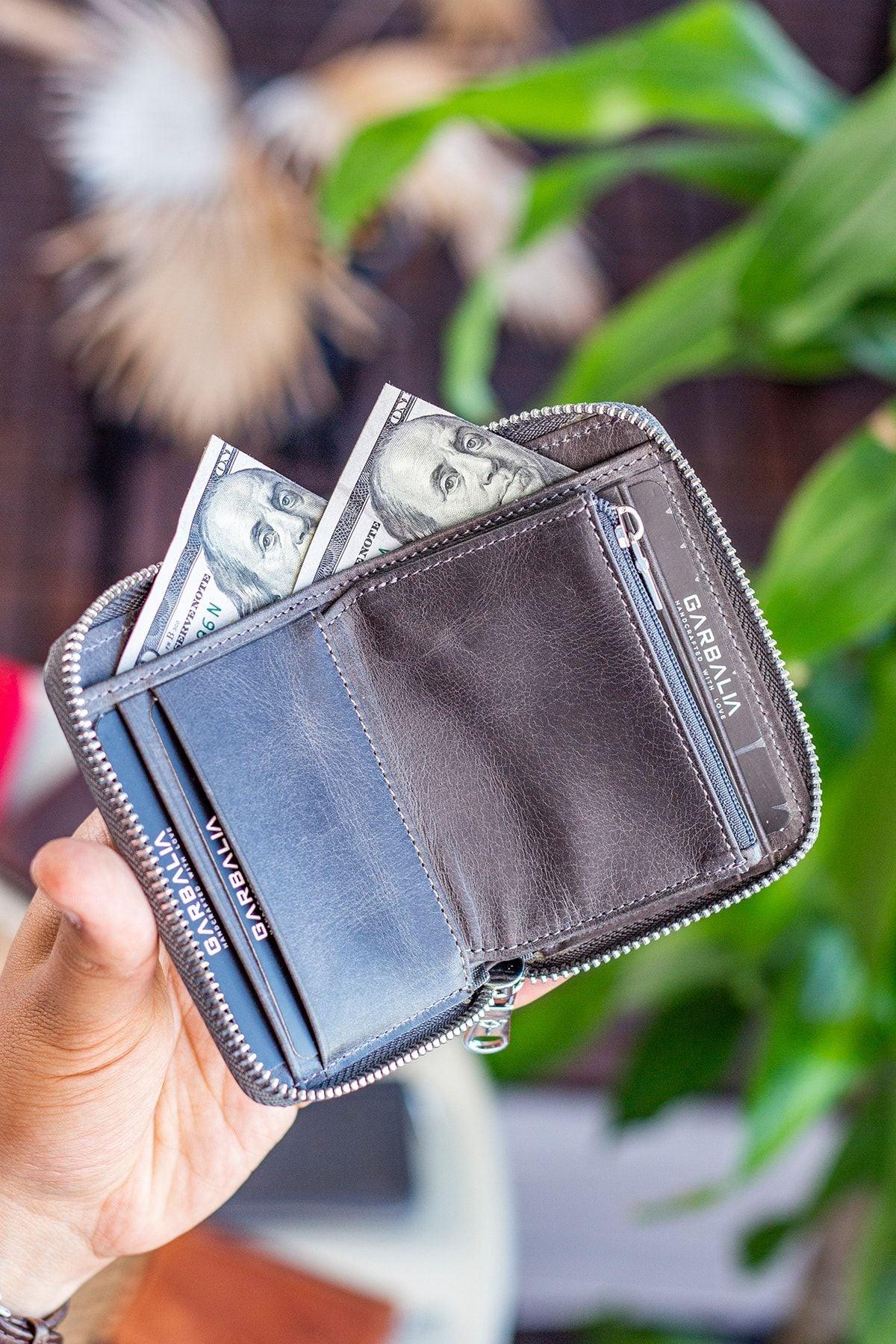 Portefeuille unisexe en cuir véritable Crazy Leather zippé avec porte-monnaie – Taba Sydney - Justyol