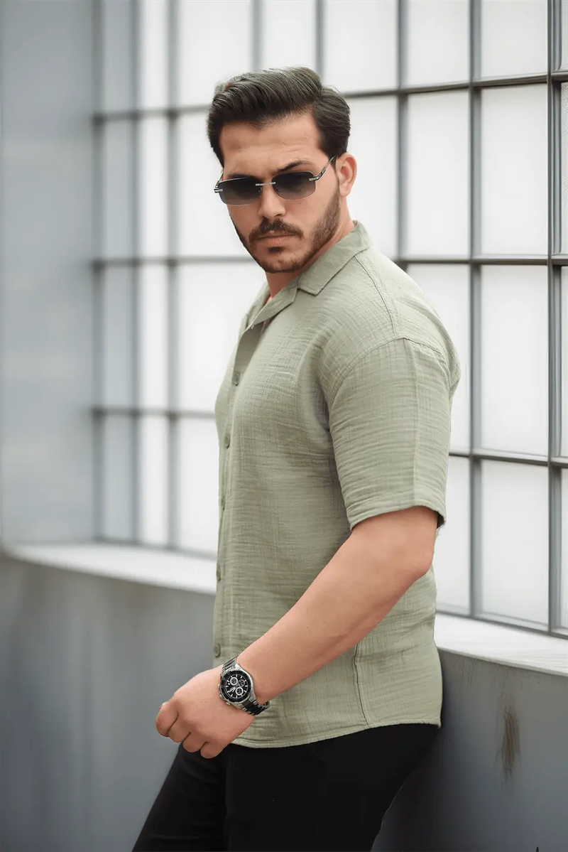 Chemise Homme en Mousseline à Col Cubain Coupe Confort