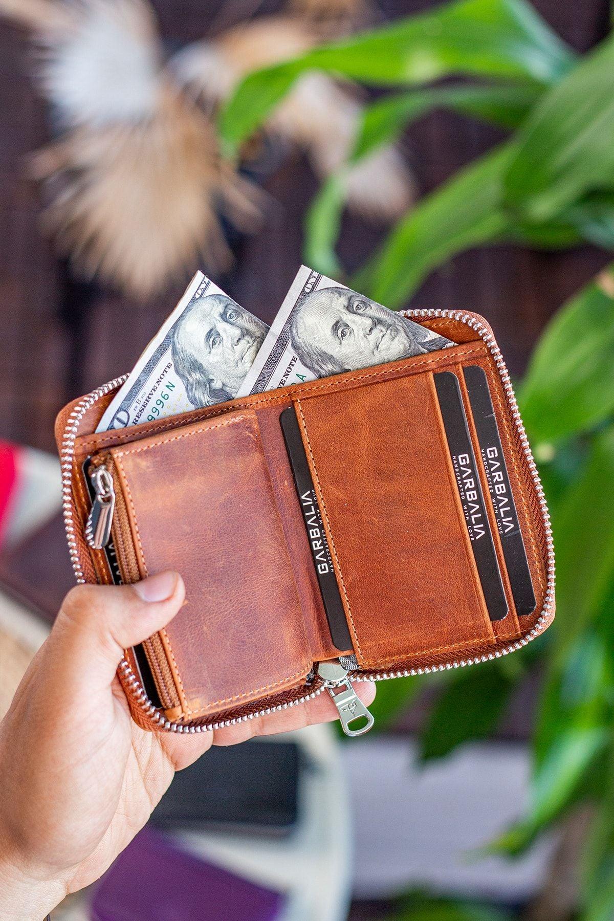Portefeuille unisexe en cuir véritable Crazy Leather zippé avec porte-monnaie – Taba Sydney - Justyol