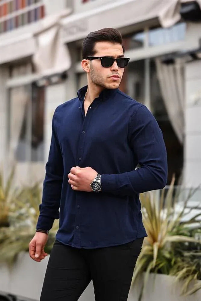 Chemise homme en coton lin froissé manches longues