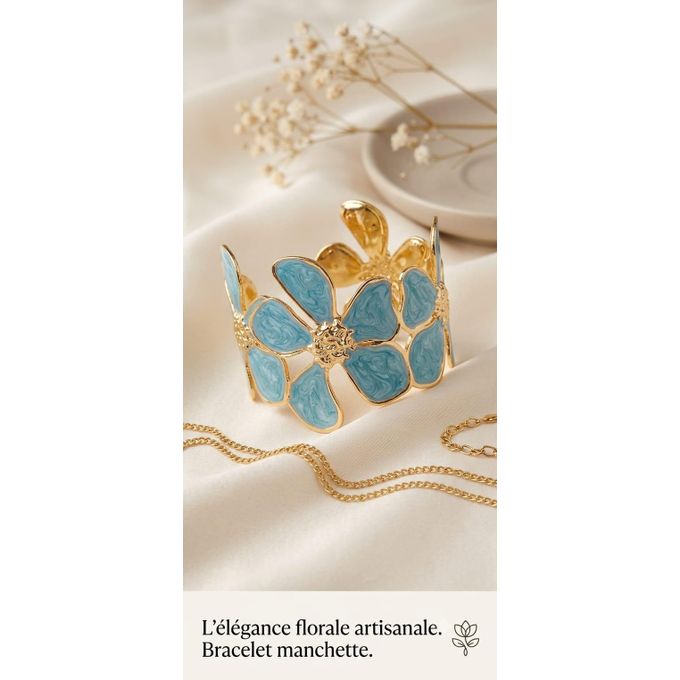 Bracelet Manchette Fleur Azur – Acier Inoxydable-Finition dorée brillante-Style féminin, raffiné et tendance