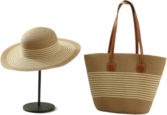 Ensemble été chapeau paille et sac plage rayé