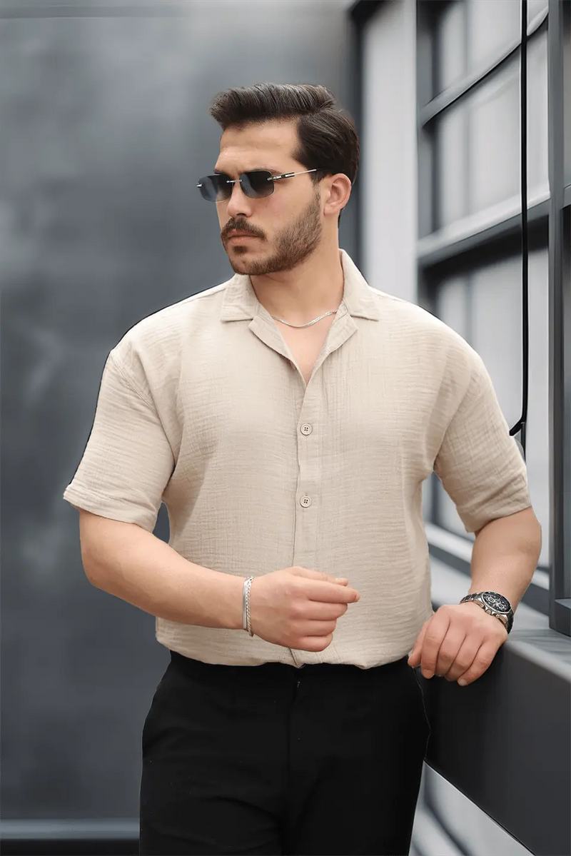 Chemise Homme en Mousseline à Col Cubain Coupe Confort